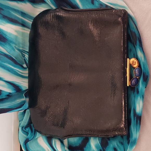Gucci Vintage Rare Black Lizzard LAPIS STONE Beads Shoulder Clutch Bag GORGEOUS! - Picture 14 of 15